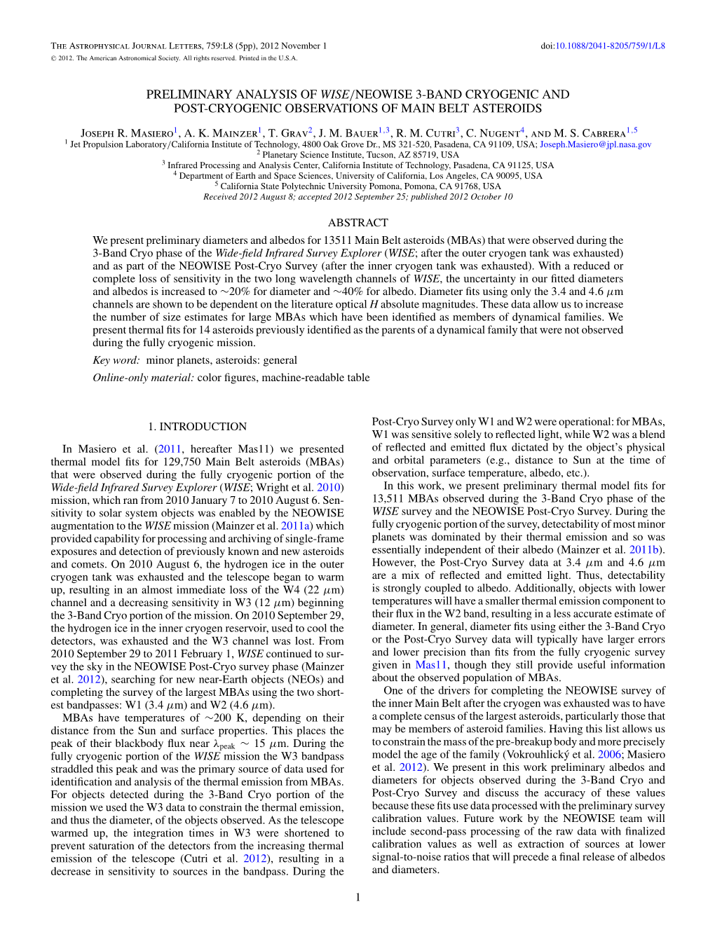 Preliminary Analysis of Wise/Neowise 3-Band Cryogenic and Post-Cryogenic Observations of Main Belt Asteroids