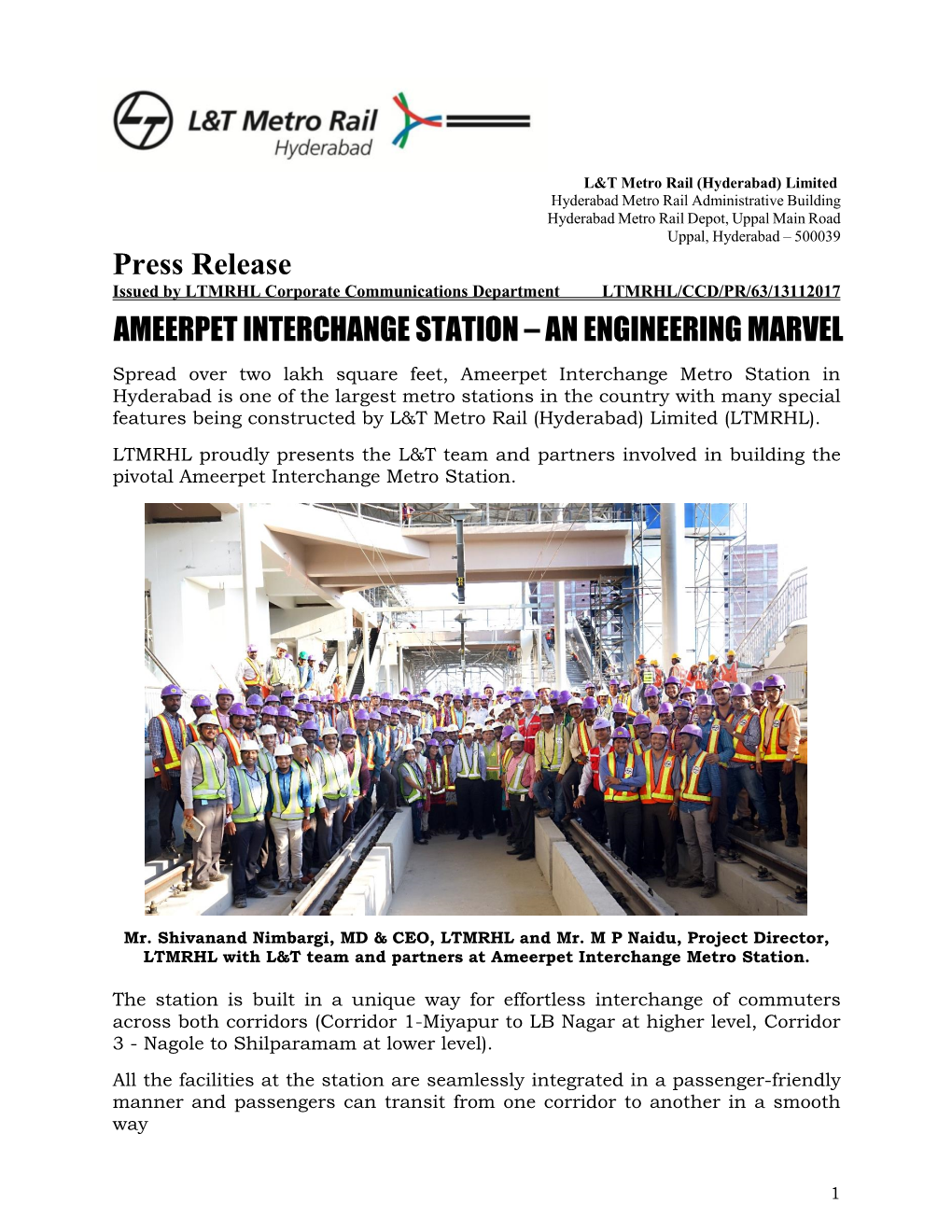 Press Release AMEERPET INTERCHANGE STATION – AN