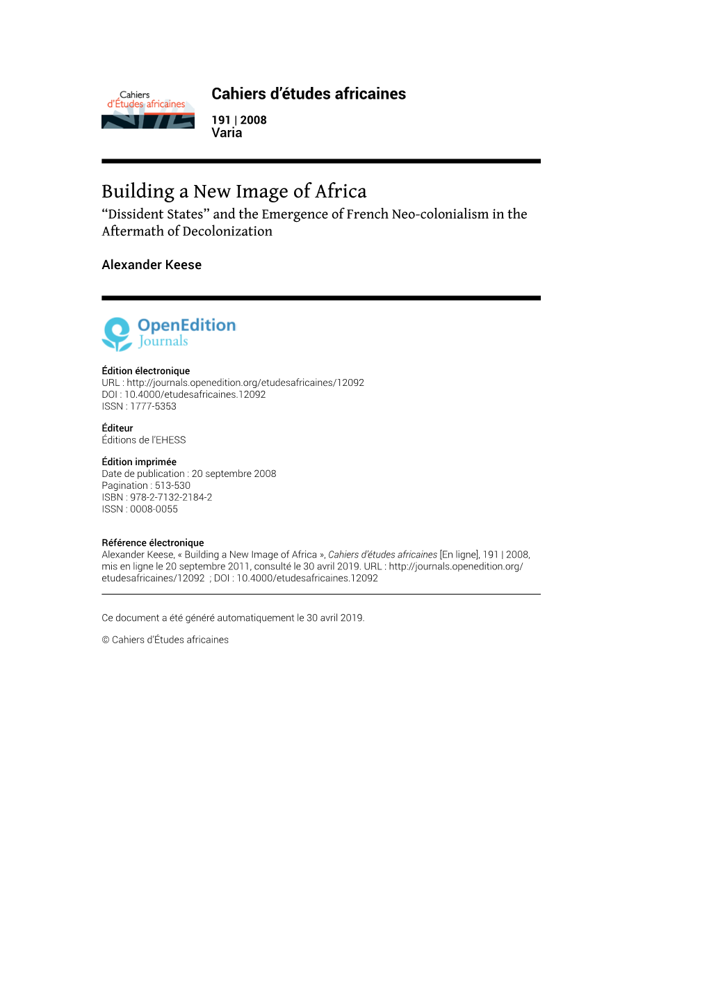 Building a New Image of Africa.“Dissident States” and The