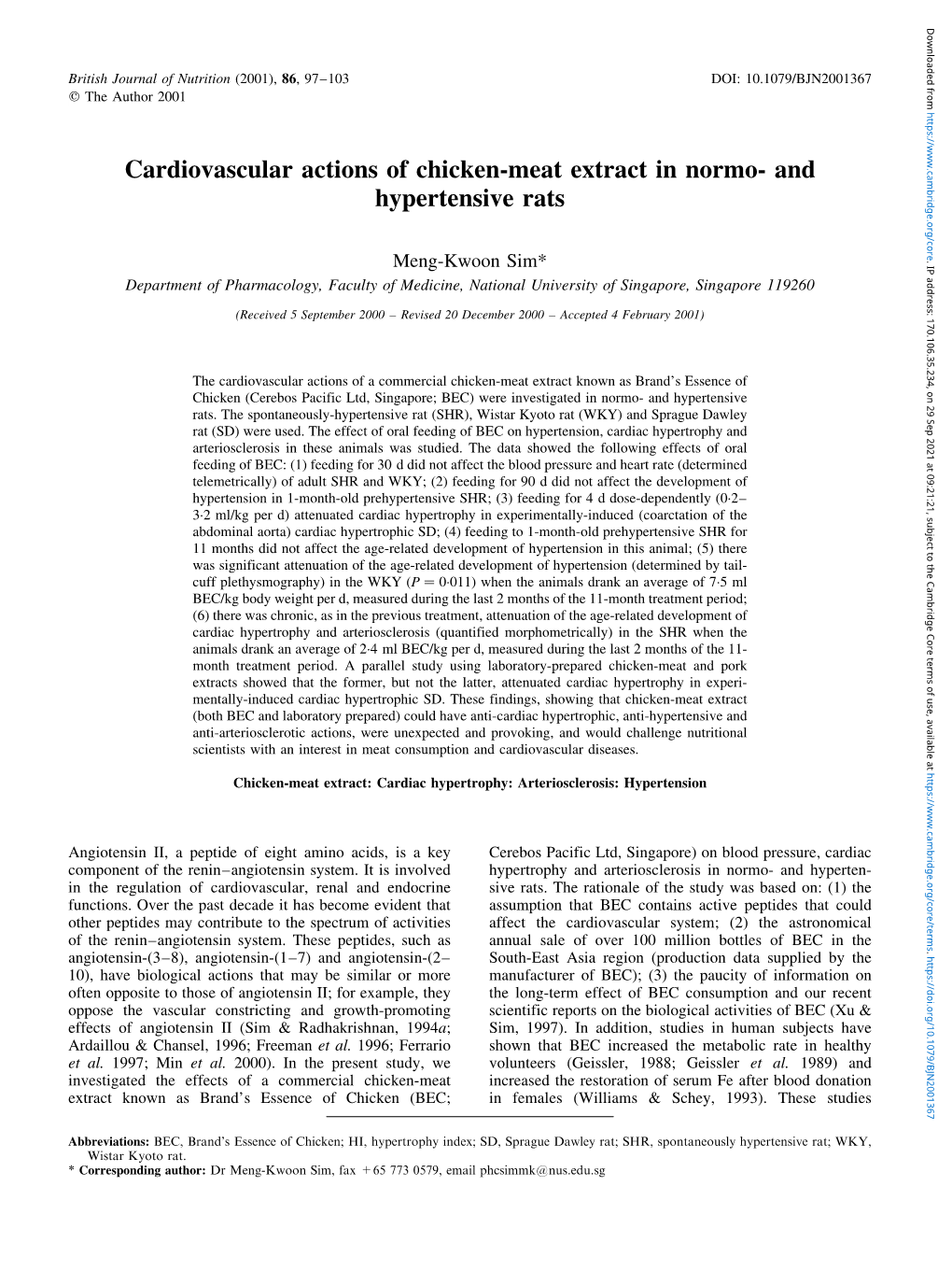 Cardiovascular Actions of Chicken-Meat Extract in Normo- and Hypertensive Rats