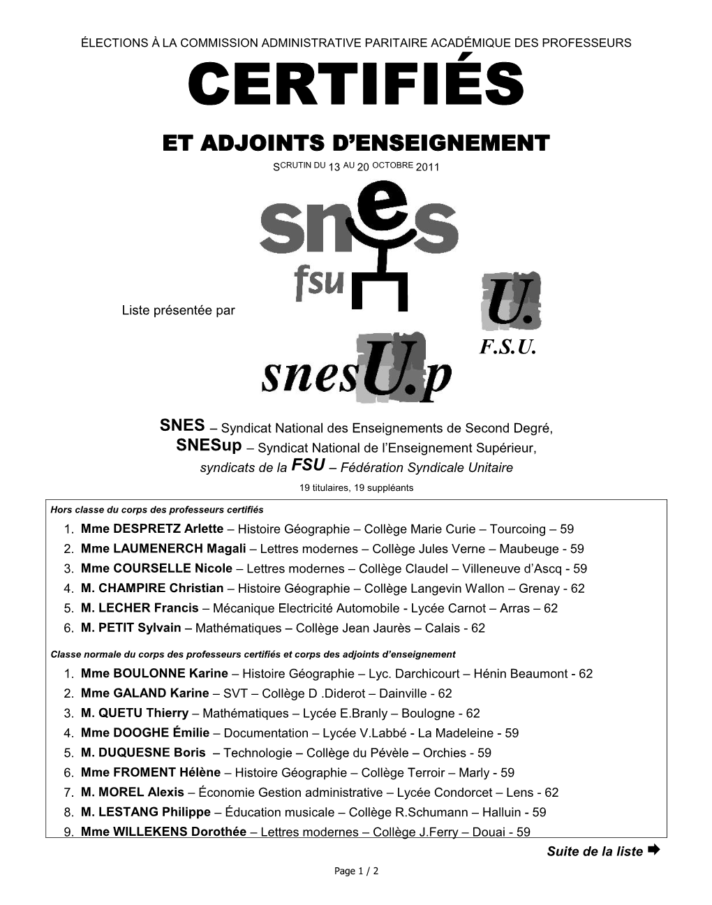 Certifiés Et Adjoints D’Enseignement Scrutin Du 13 Au 20 Octobre 2011