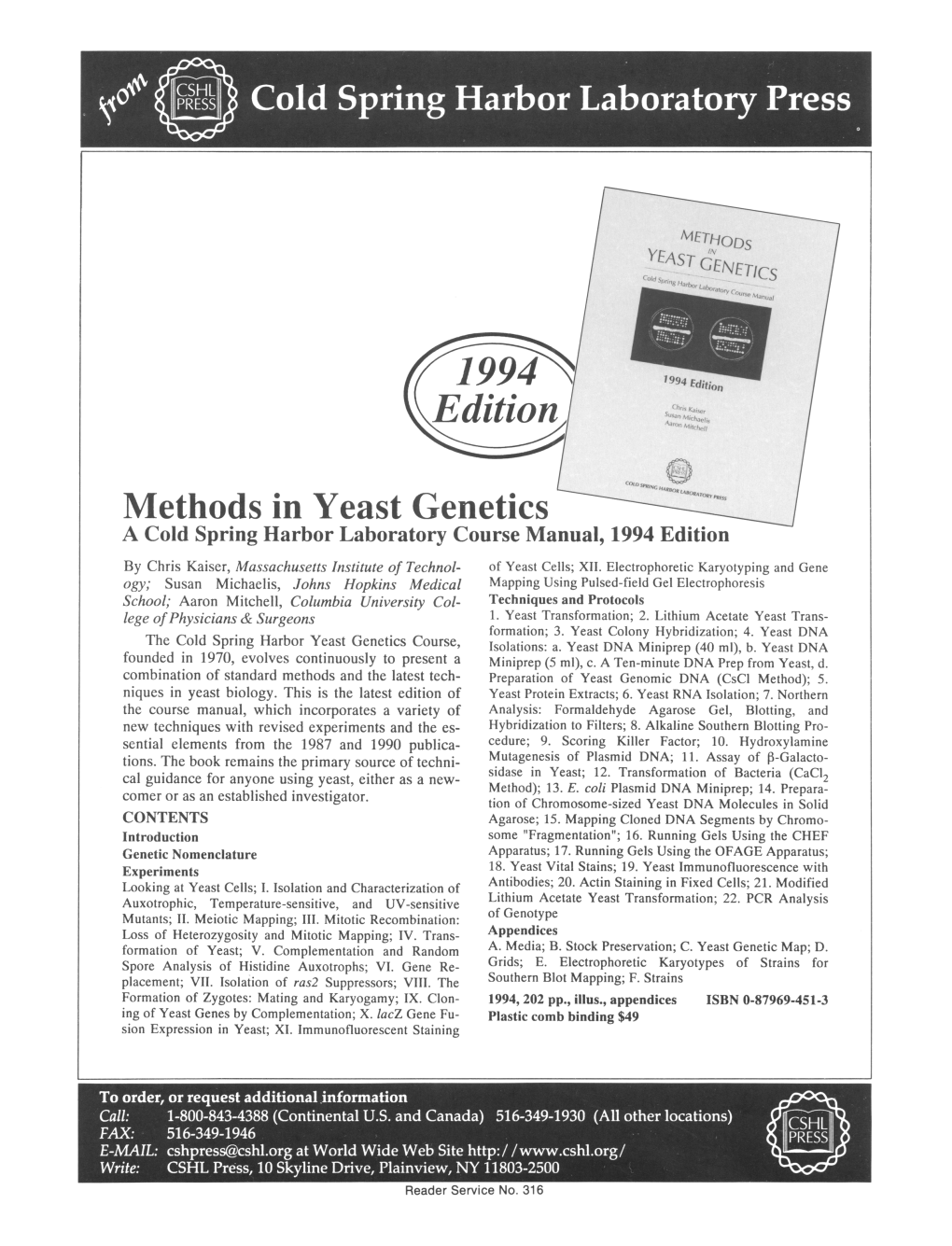 Methods in Yeast Genetics a Cold Spring Harbor Laboratory Course Manual, 1994 Edition