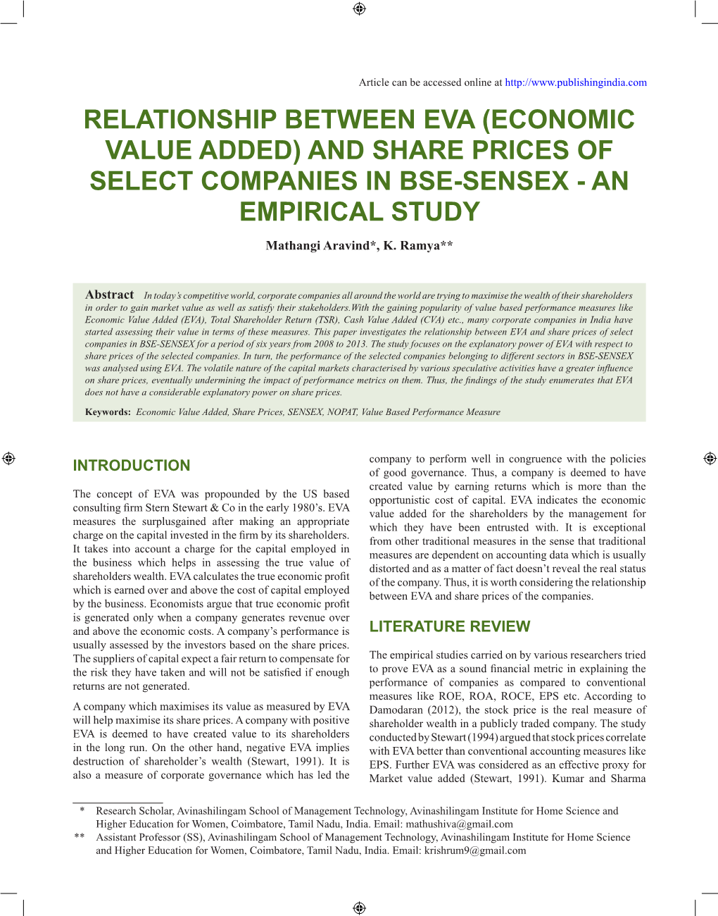 Economic Value Added) and Share Prices of Select Companies in Bse-Sensex - an Empirical Study