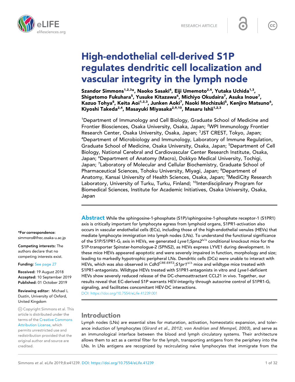 High-Endothelial Cell-Derived S1P Regulates Dendritic Cell Localization