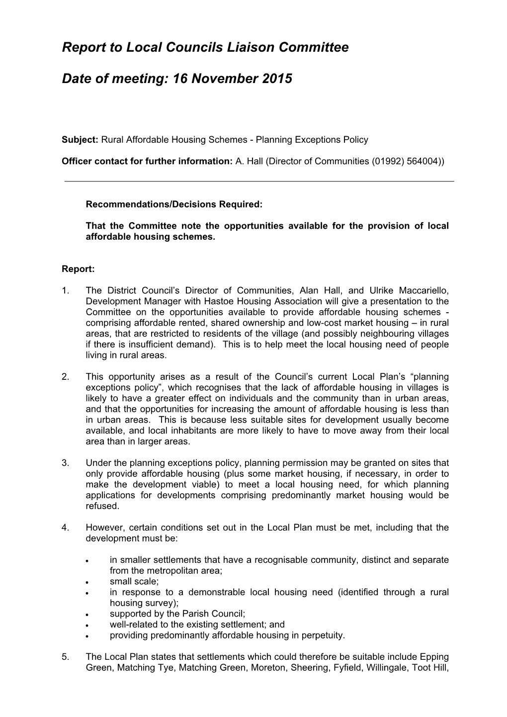 Rural Affordable Housing Schemes - Planning Exceptions Policy