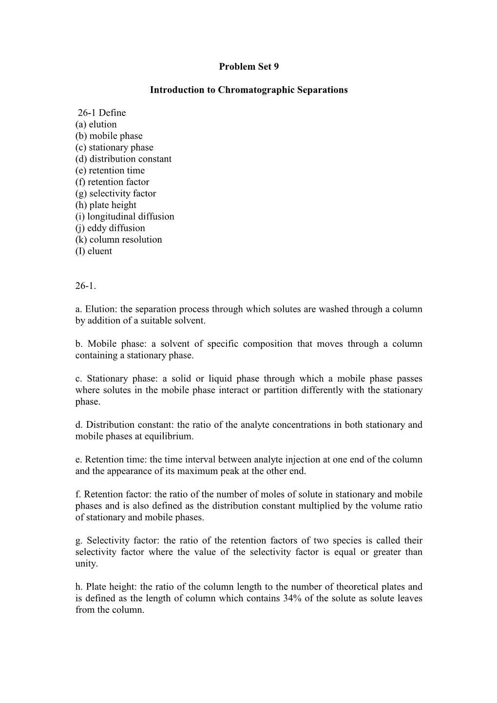 Problem Set 9 Introduction to Chromatographic Separations 26-1