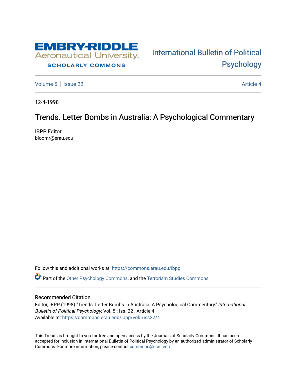 Trends. Letter Bombs in Australia: a Psychological Commentary