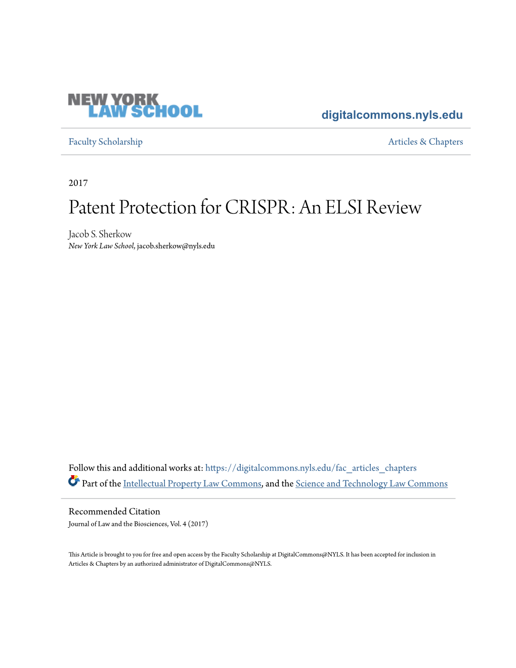 Patent Protection for CRISPR: an ELSI Review Jacob S