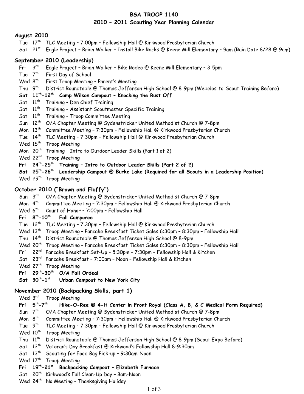 2010 2011 Scouting Year Planning Calendar