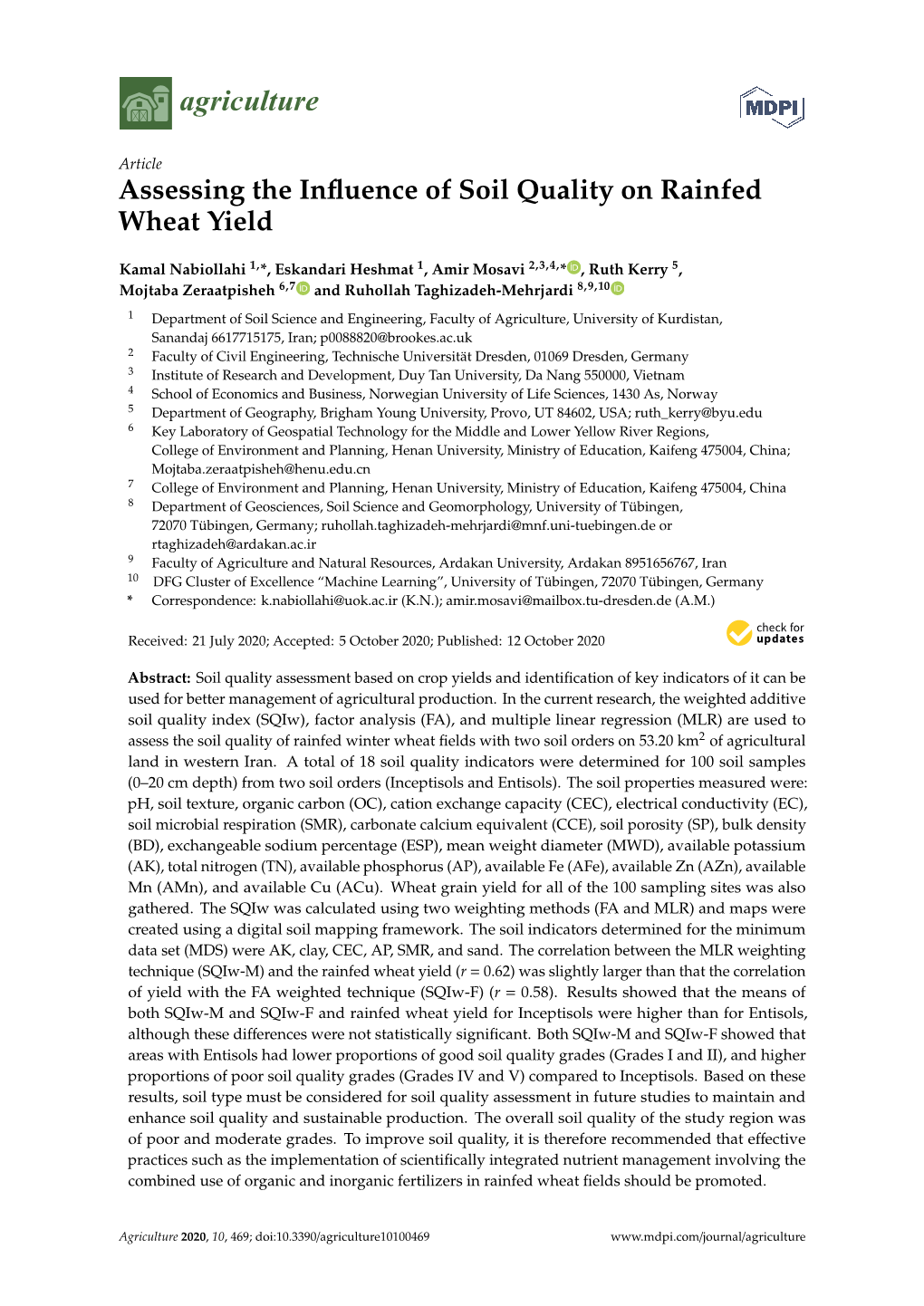 Assessing the Influence of Soil Quality on Rainfed Wheat Yield