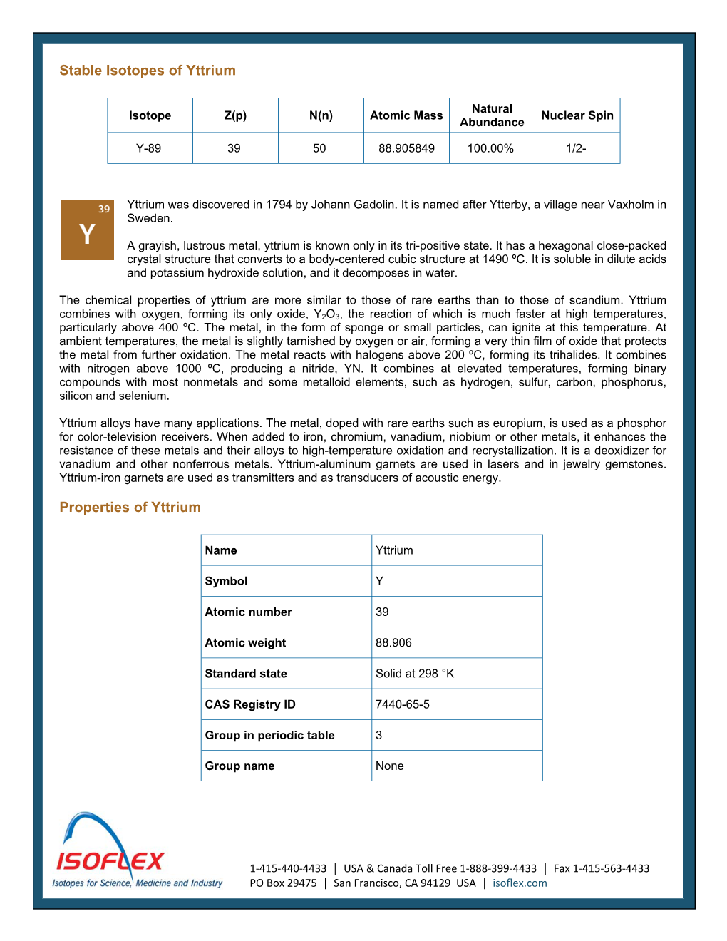 Stable Isotopes of Yttrium Properties of Yttrium