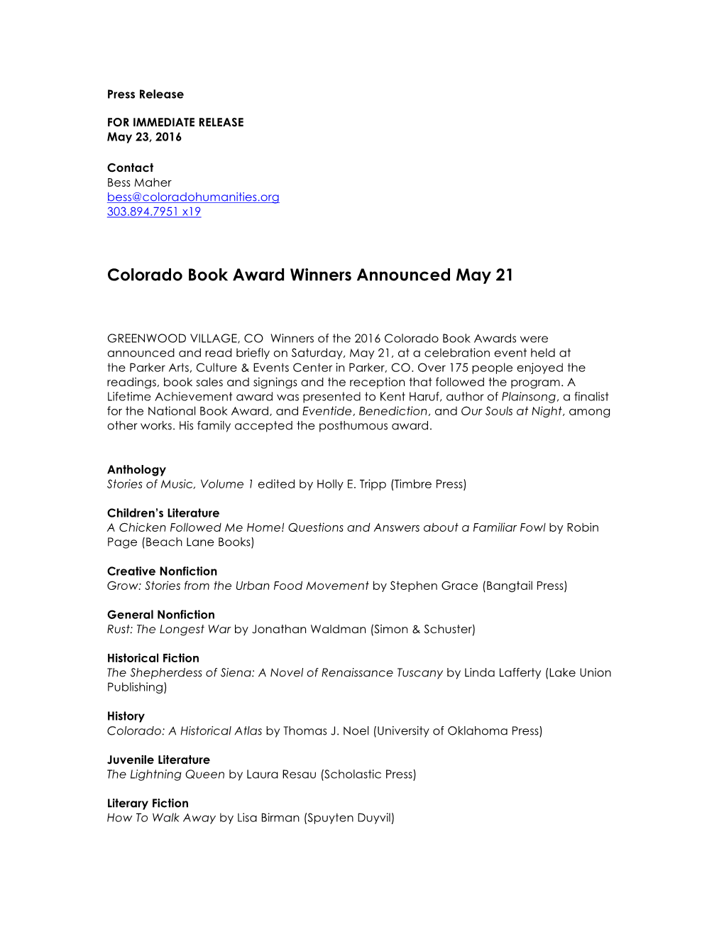 Colorado Book Award Winners Announced May 21