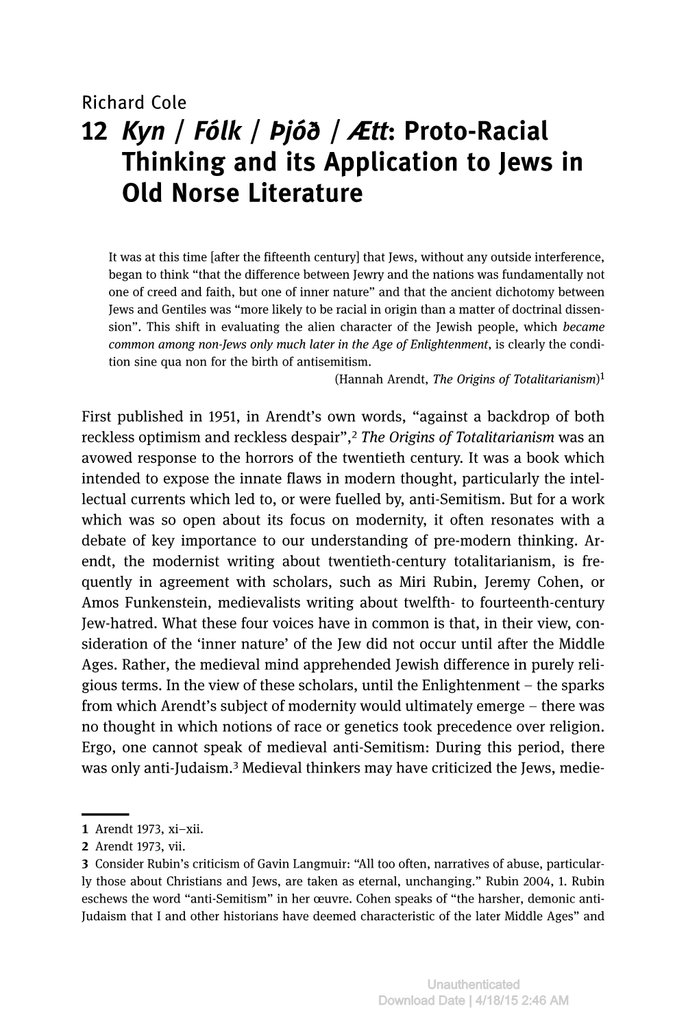 12 Kyn / Fólk / Þjóð / Ætt: Proto-Racial Thinking and Its Application to Jews in Old Norse Literature