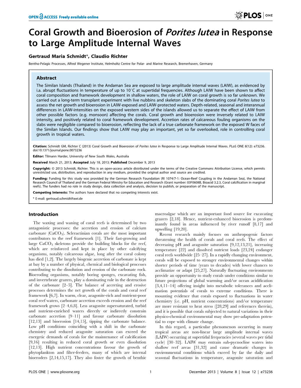 Coral Growth and Bioerosion of Porites Lutea in Response to Large Amplitude Internal Waves