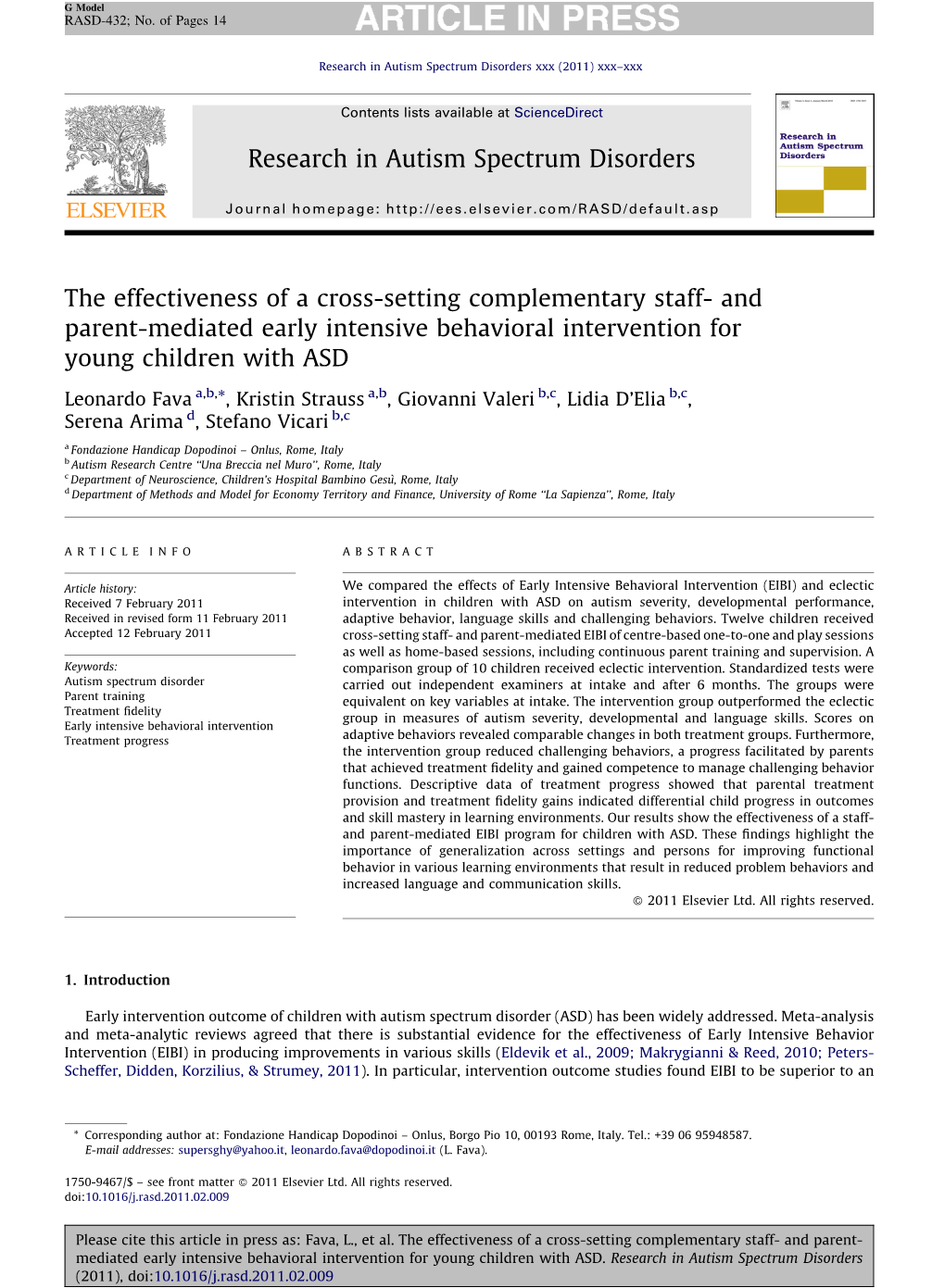 The Effectiveness of a Cross-Setting Complementary Staff- and Parent-Mediated Early Intensive Behavioral Intervention for Young Children with ASD