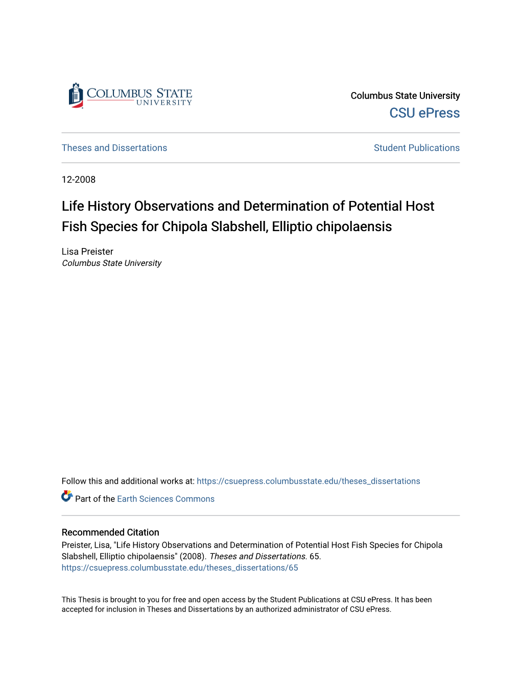 Life History Observations and Determination of Potential Host Fish Species for Chipola Slabshell, Elliptio Chipolaensis