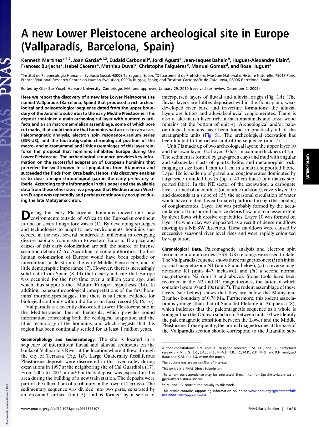 A New Lower Pleistocene Archeological Site in Europe (Vallparadís, Barcelona, Spain)