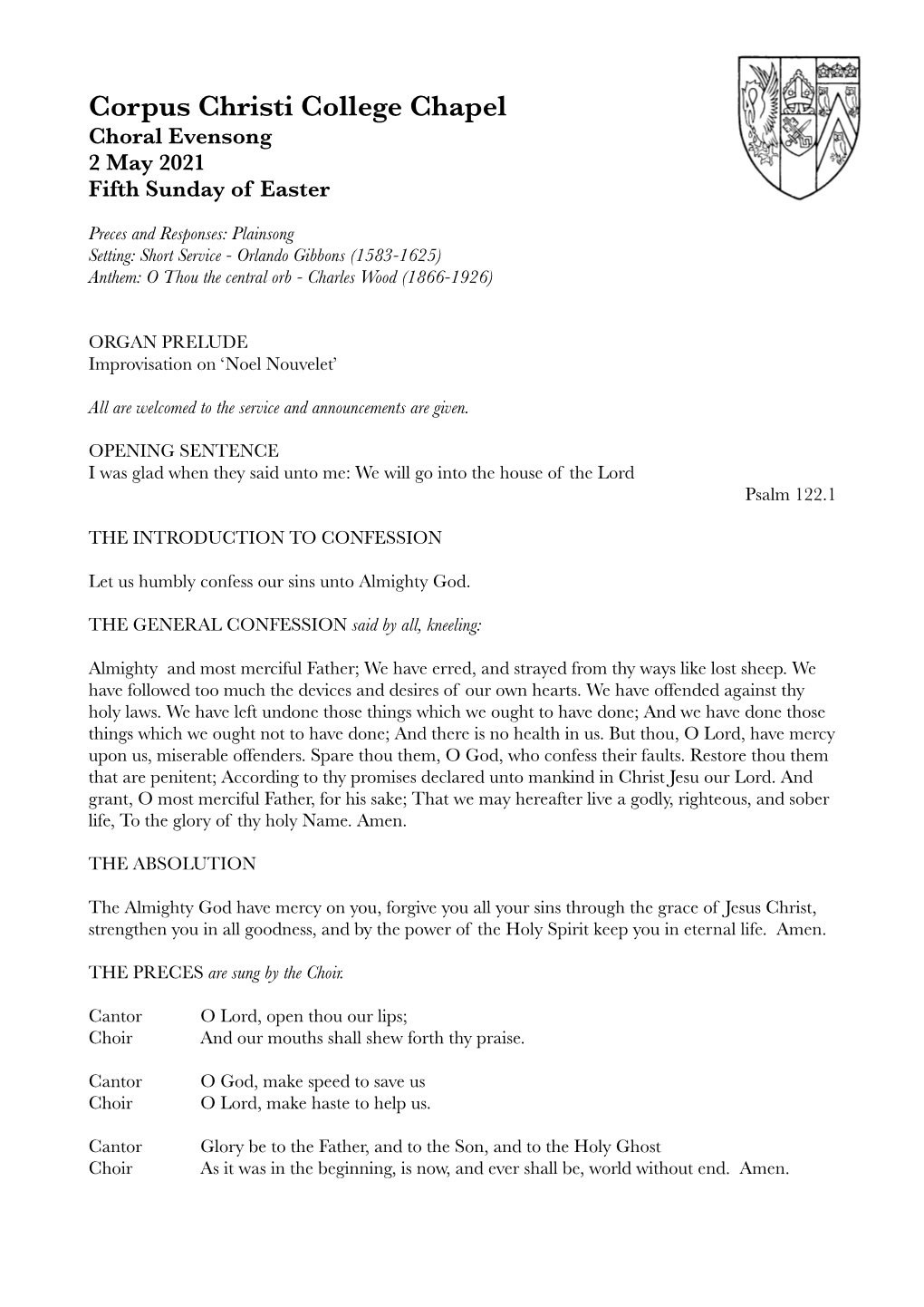 Choral Evensong 2 May 2021 Fifth Sunday of Easter