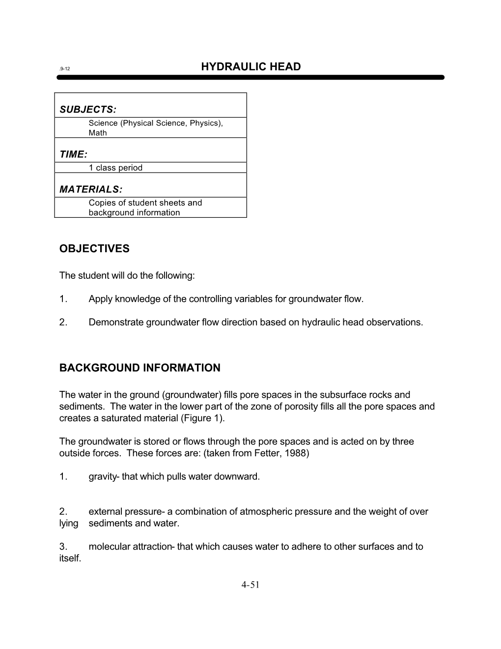 Hydraulic Head Objectives Background Information