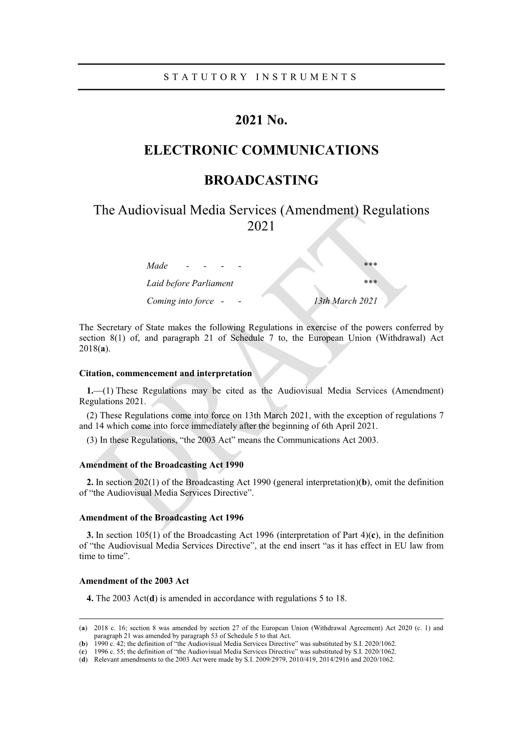 The Audiovisual Media Services (Amendment) Regulations 2021 SI