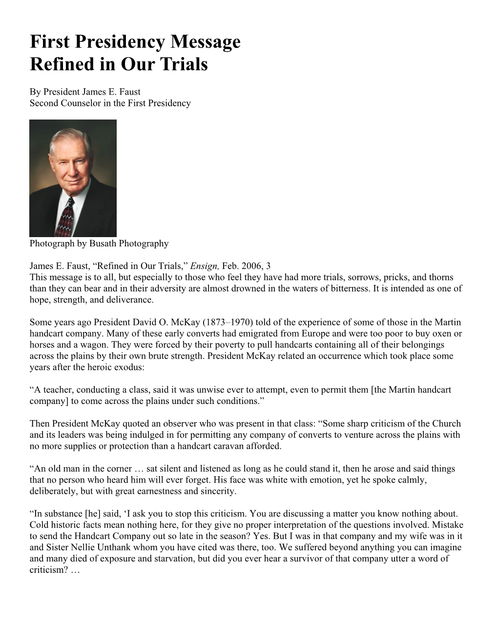 First Presidency Message Refined in Our Trials