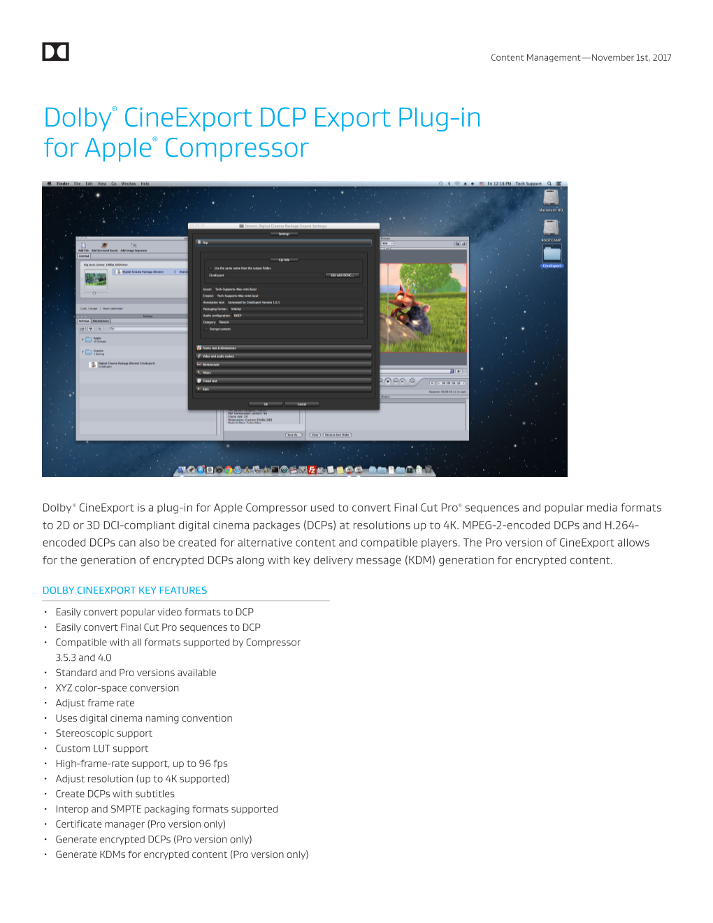 Dolby® Cineexport DCP Export Plug-In for Apple® Compressor