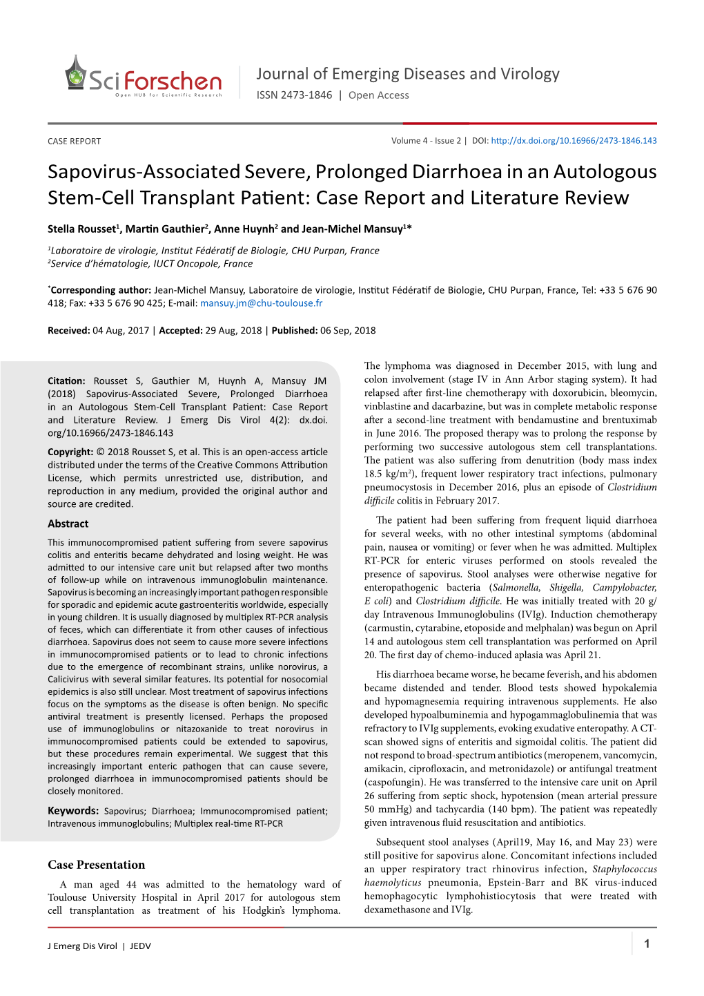 Sapovirus-Associated Severe, Prolonged Diarrhoea in an Autologous Stem-Cell Transplant Patient: Case Report and Literature Review