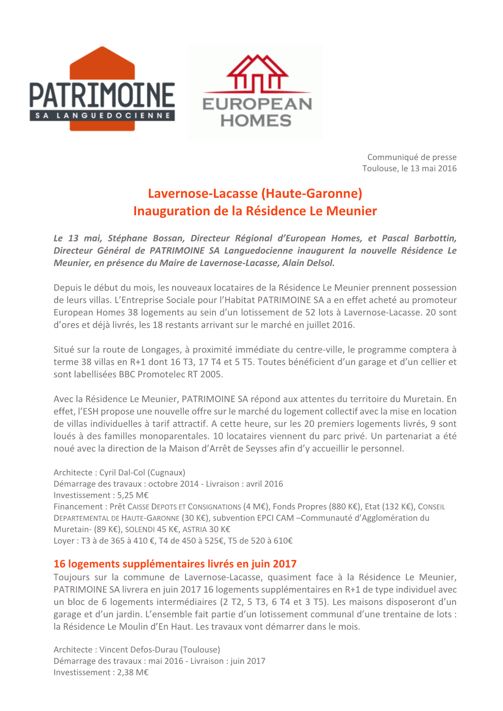 Lavernose-Lacasse (Haute-Garonne) Inauguration De La Résidence Le Meunier