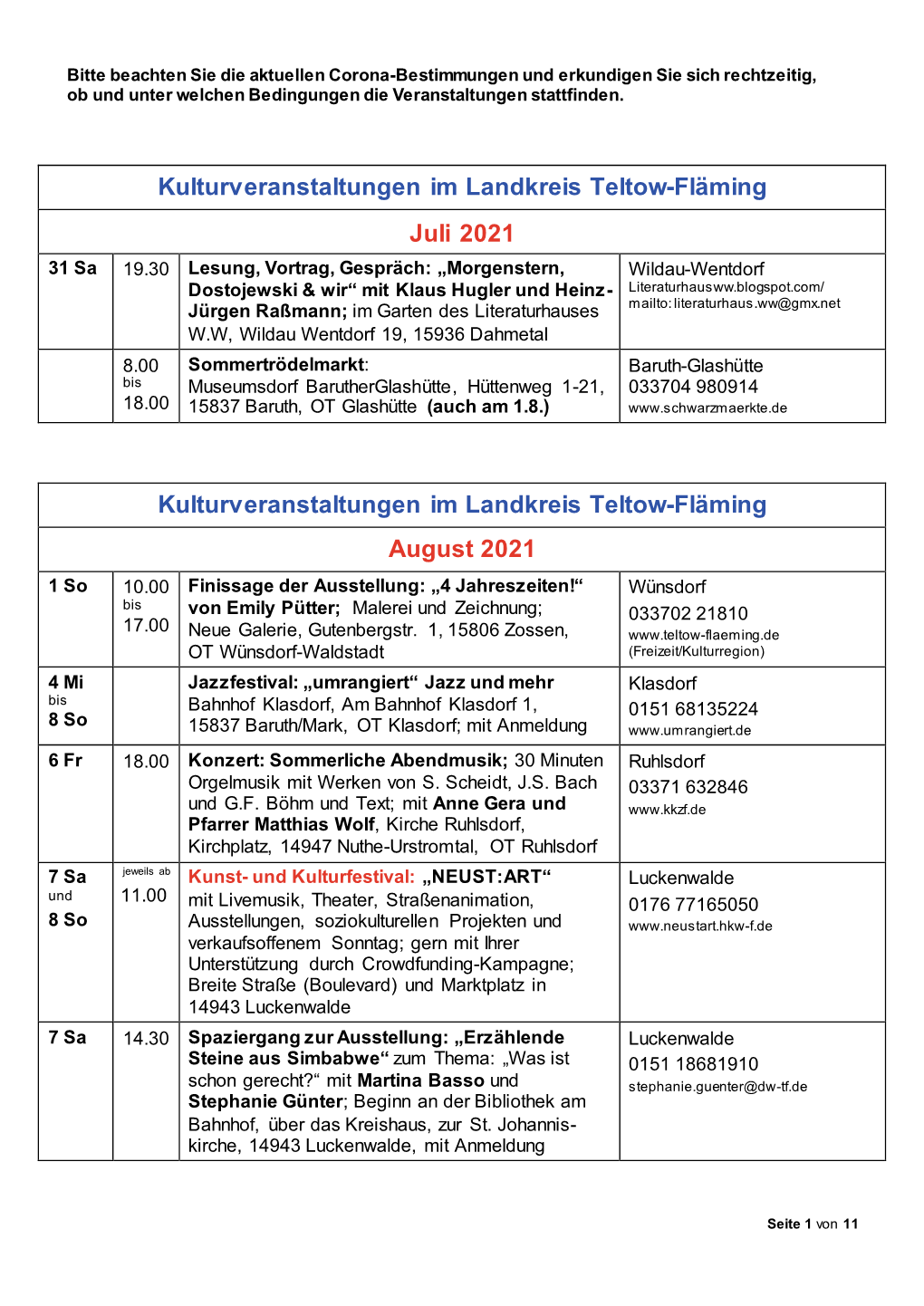 Veranstaltungskalender August Und September 2021