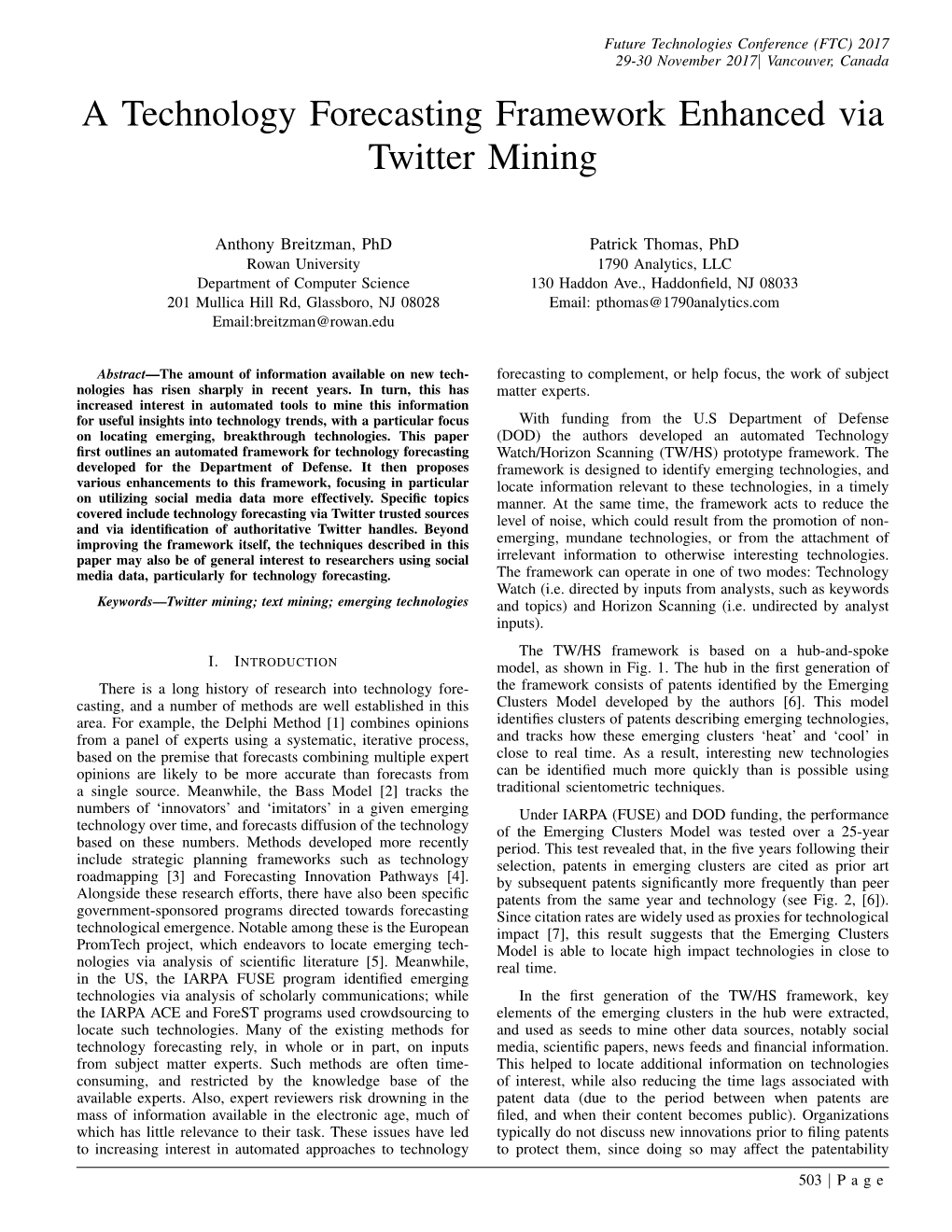 A Technology Forecasting Framework Enhanced Via Twitter Mining