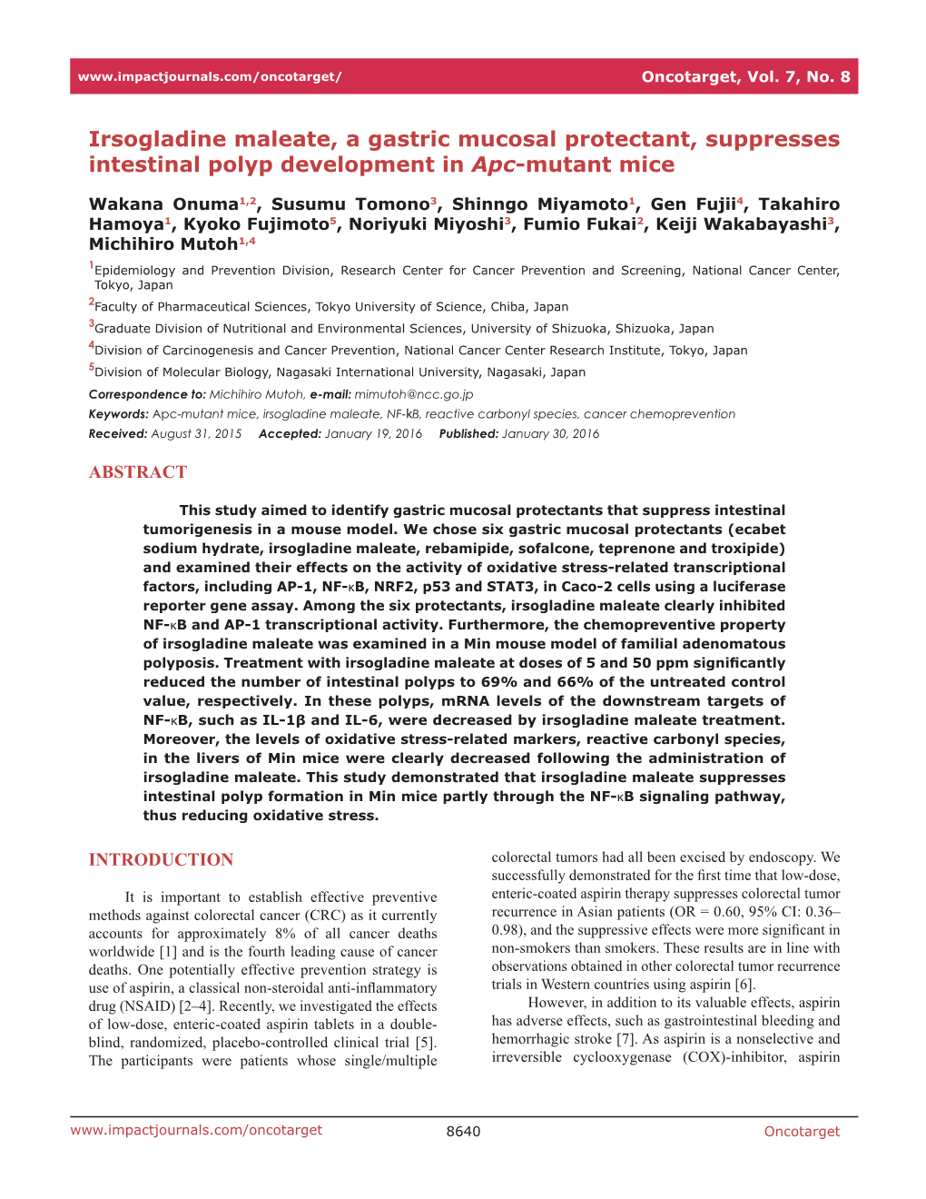 Irsogladine Maleate, a Gastric Mucosal Protectant, Suppresses Intestinal Polyp Development in Apc-Mutant Mice