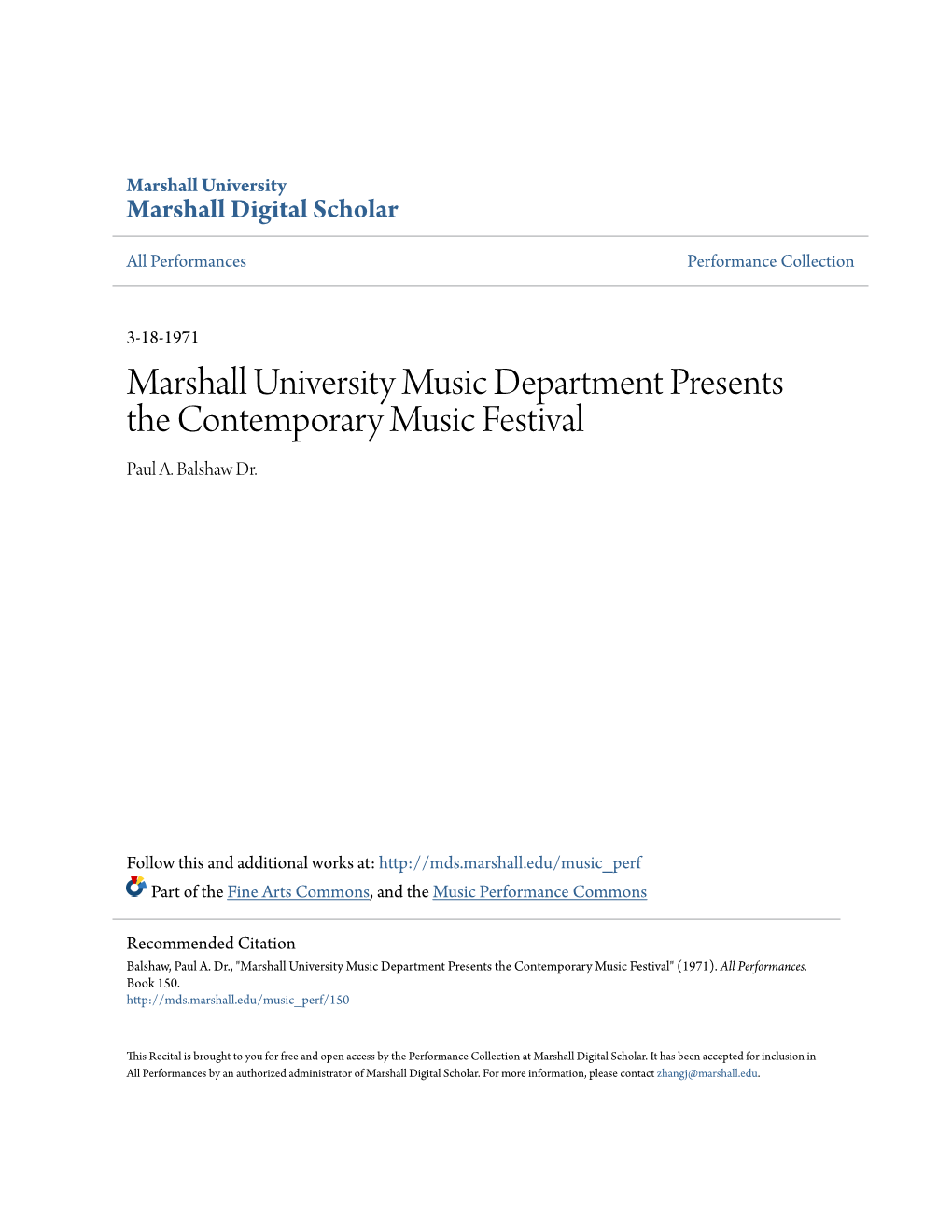 Marshall University Music Department Presents the Contemporary Music Festival Paul A