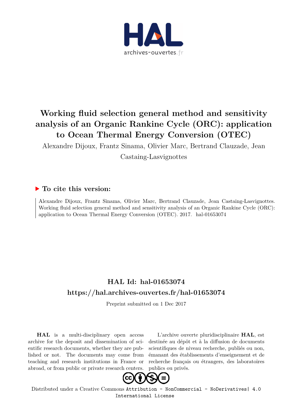 Working Fluid Selection General Method and Sensitivity Analysis Of