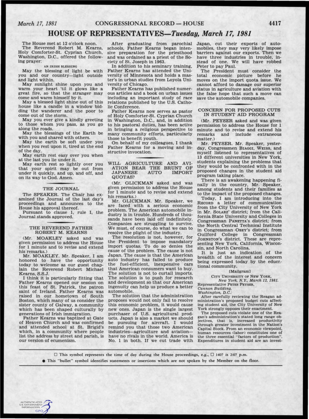 HOUSE of REPRESENTATIVES-Tuesday, March 17, 1981 the House Met at 12 O'clock Noon