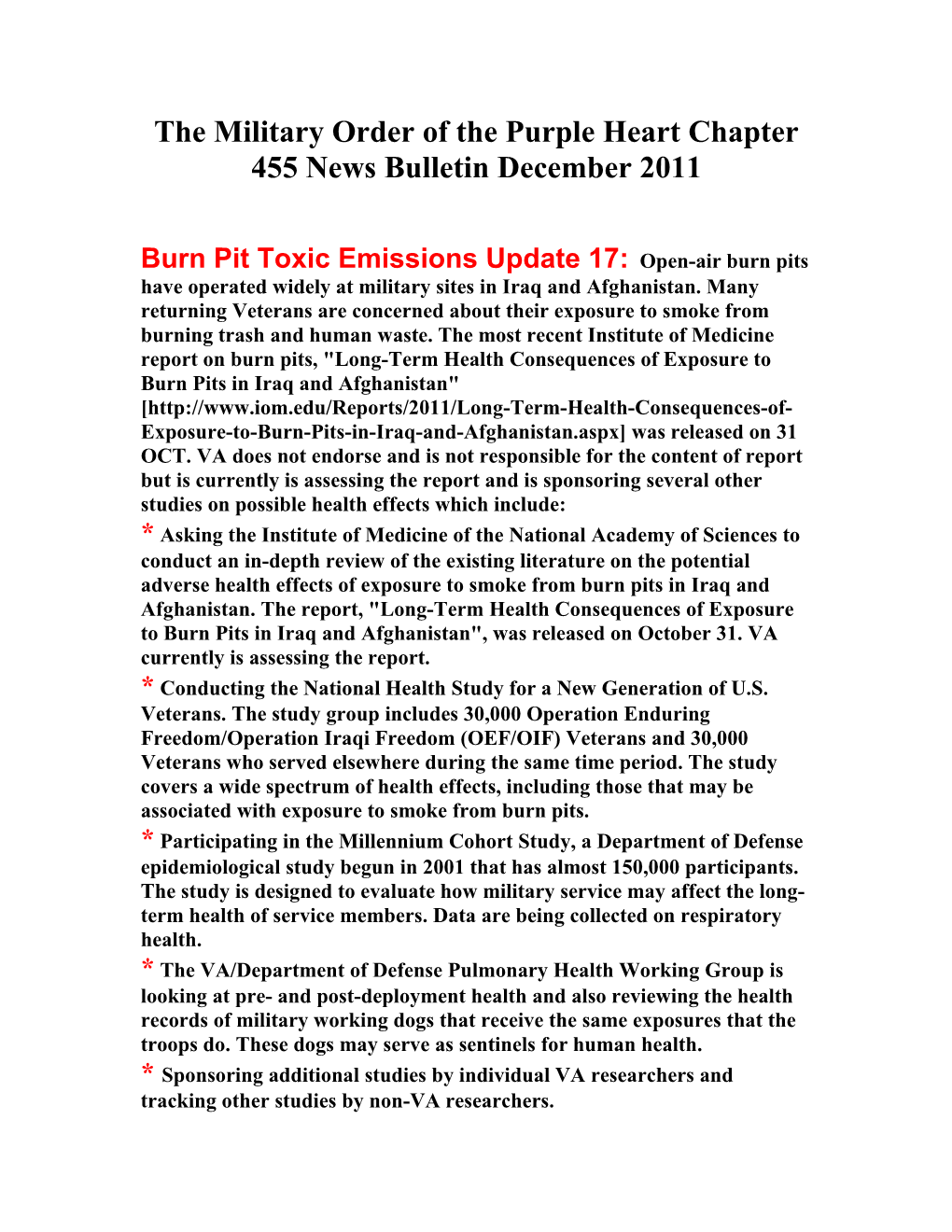 The Military Order of the Purple Heart Chapter 455 News Bulletin December 2011