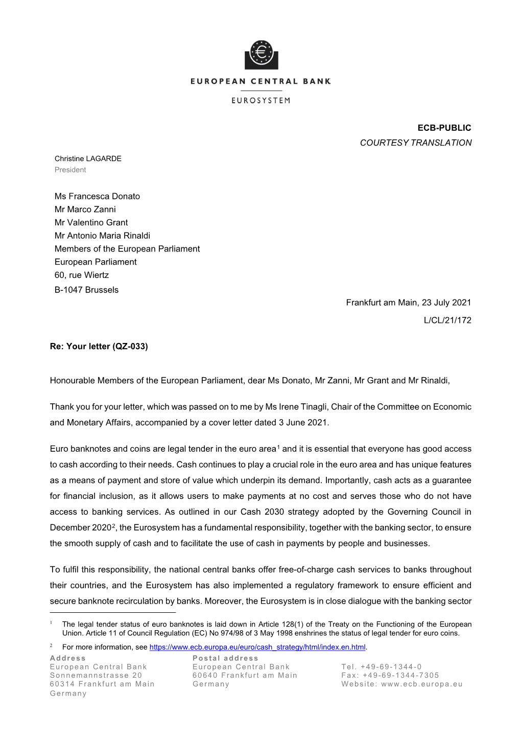Letter from the ECB President to Mr Marco Zanni, Mr Francesca Donato