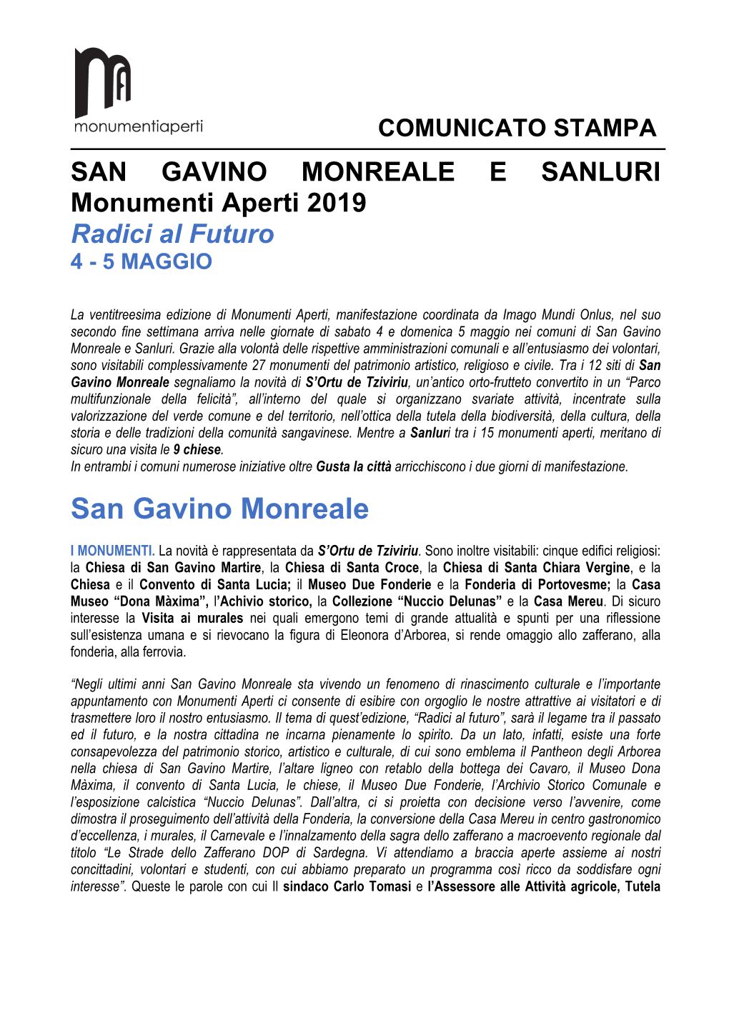 SAN GAVINO MONREALE E SANLURI Monumenti Aperti 2019 Radici Al Futuro 4 - 5 MAGGIO