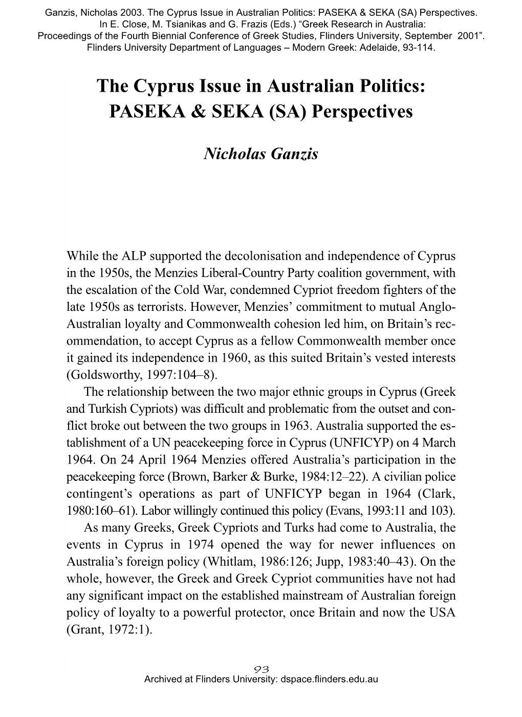 The Cyprus Issue in Australian Politics: PASEKA & SEKA (SA) Perspectives