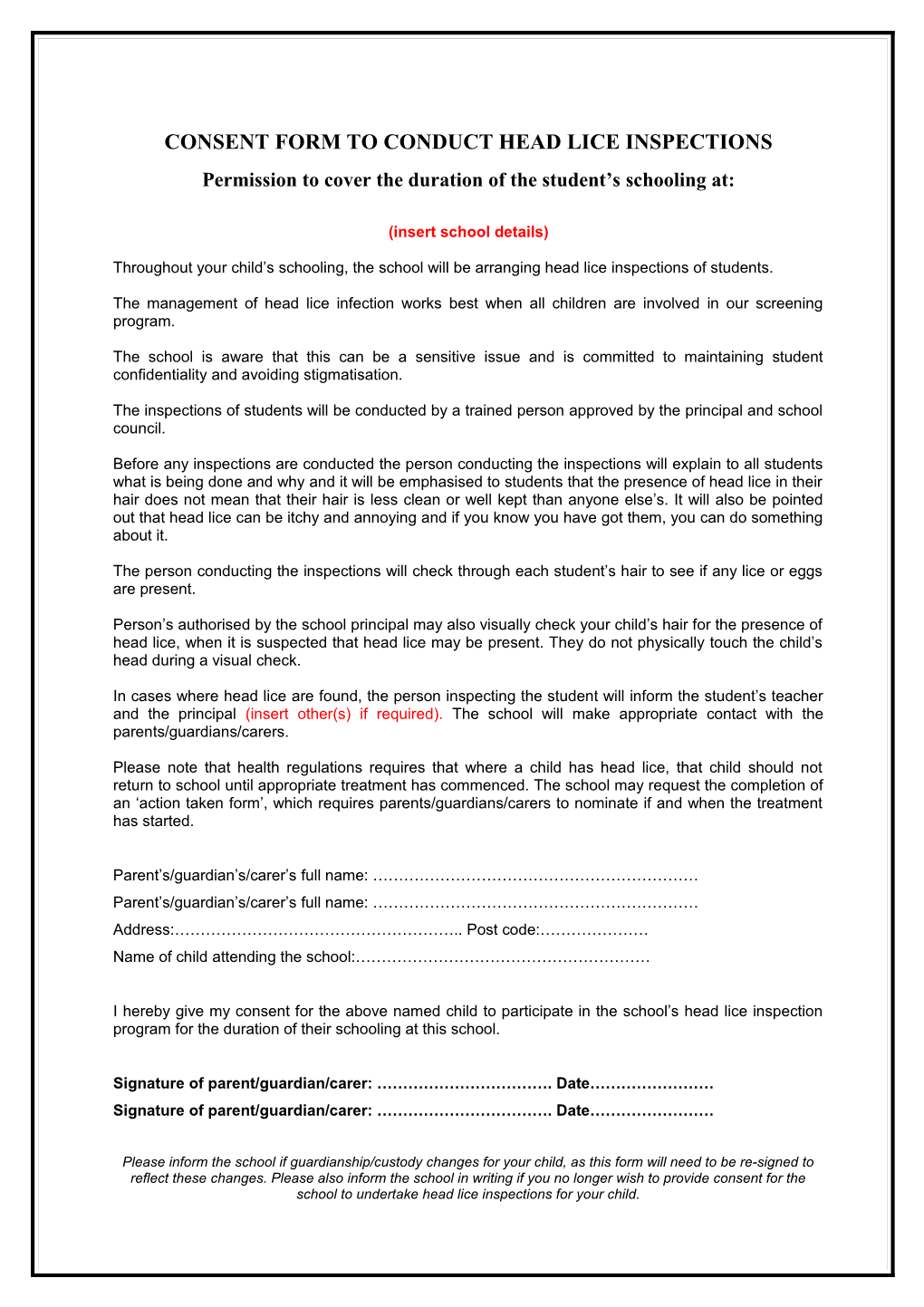 Consent Form to Conduct Head Lice Inspections