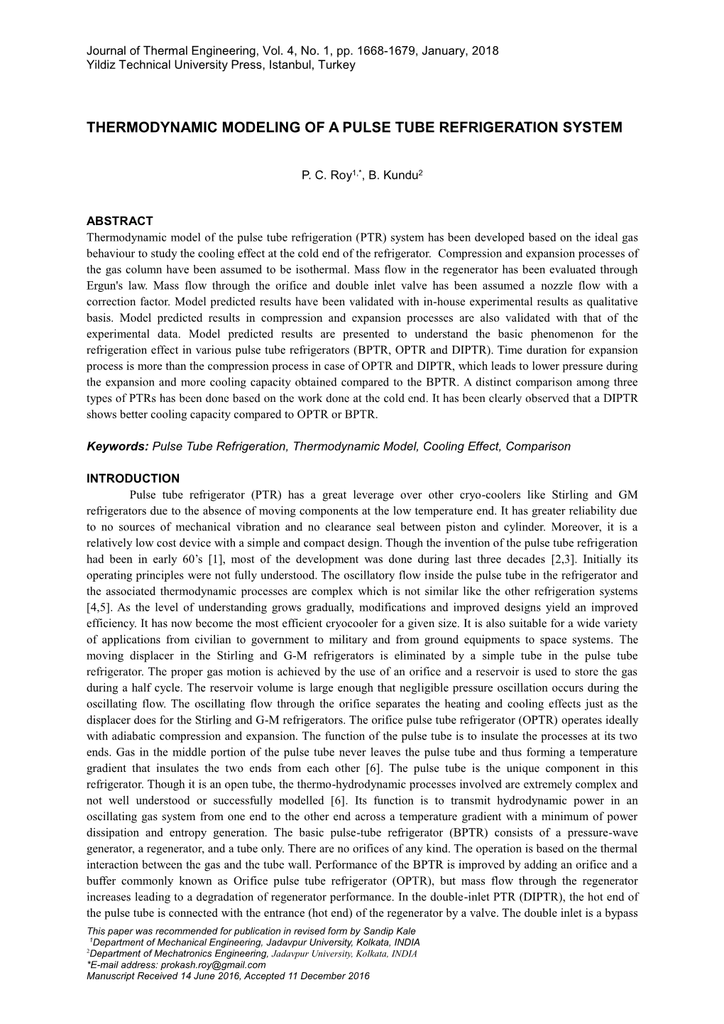 Thermodynamic Modeling of a Pulse Tube Refrigeration System