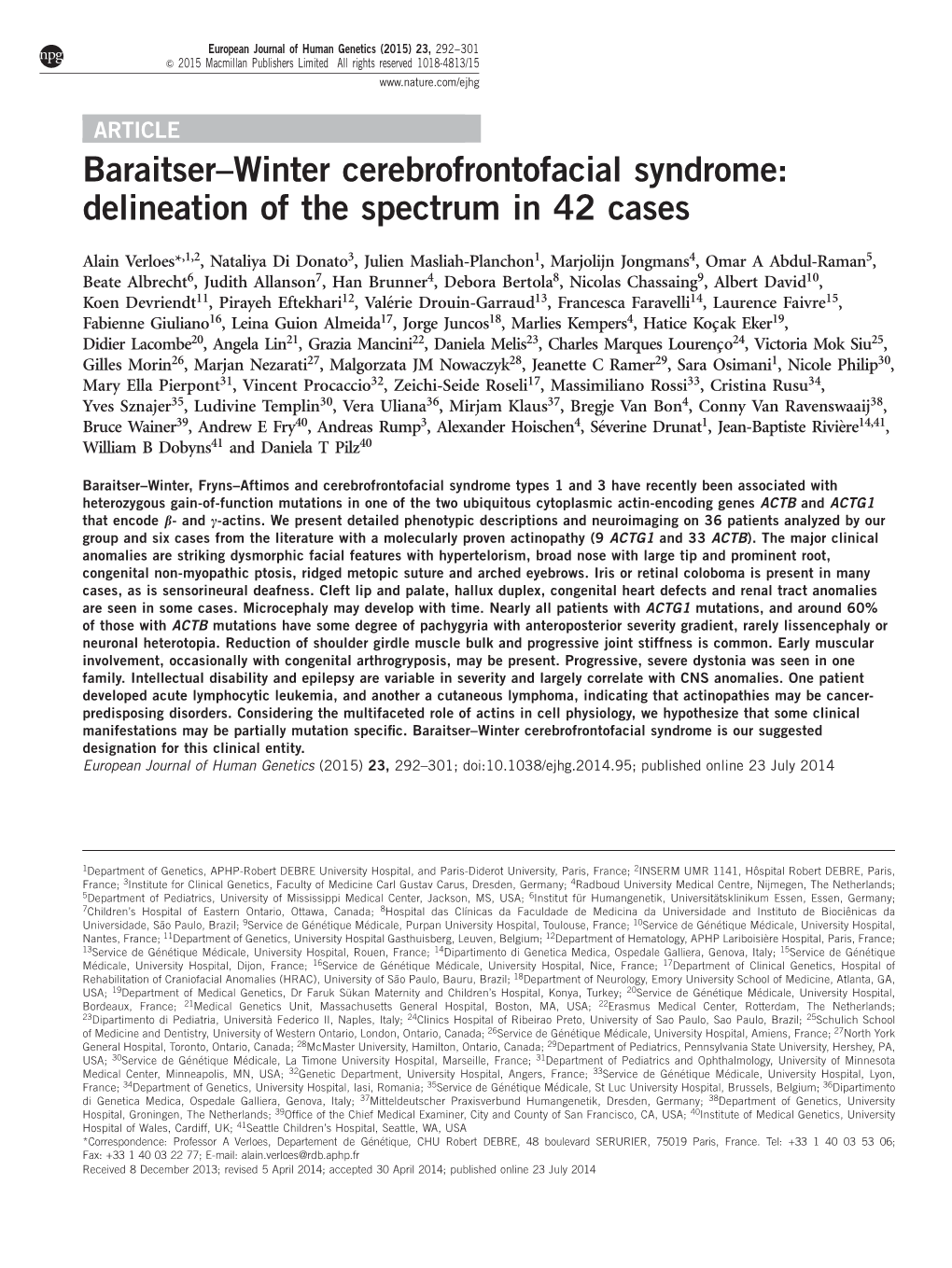 Baraitser–Winter Cerebrofrontofacial Syndrome: Delineation of the Spectrum in 42 Cases