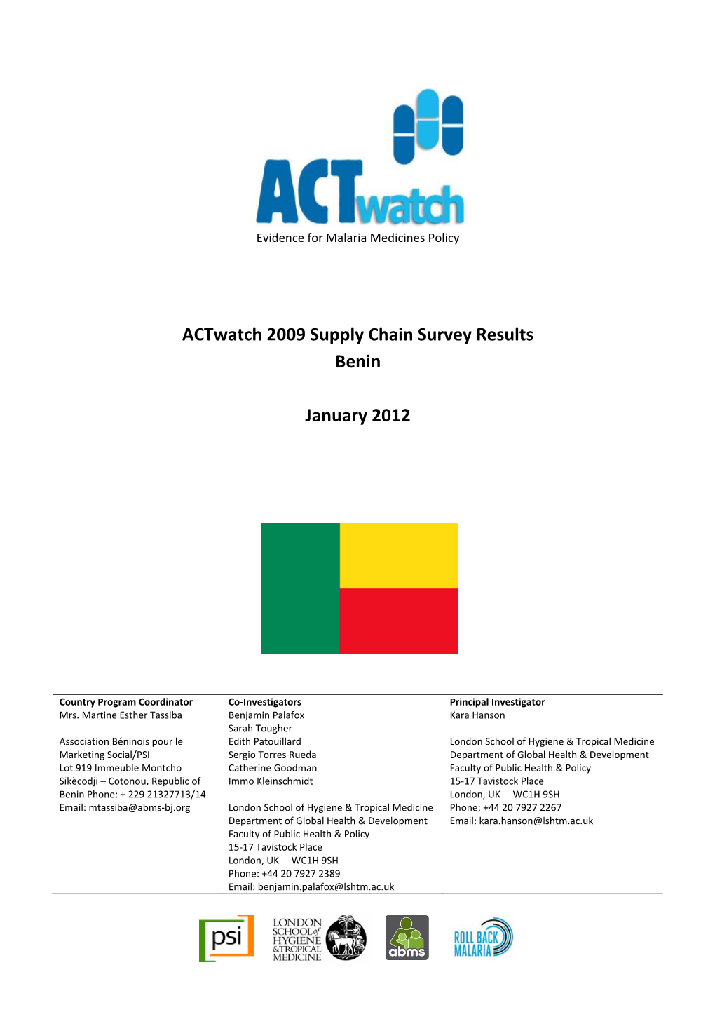 Benin 2009 Supply Chain, 2012 Report