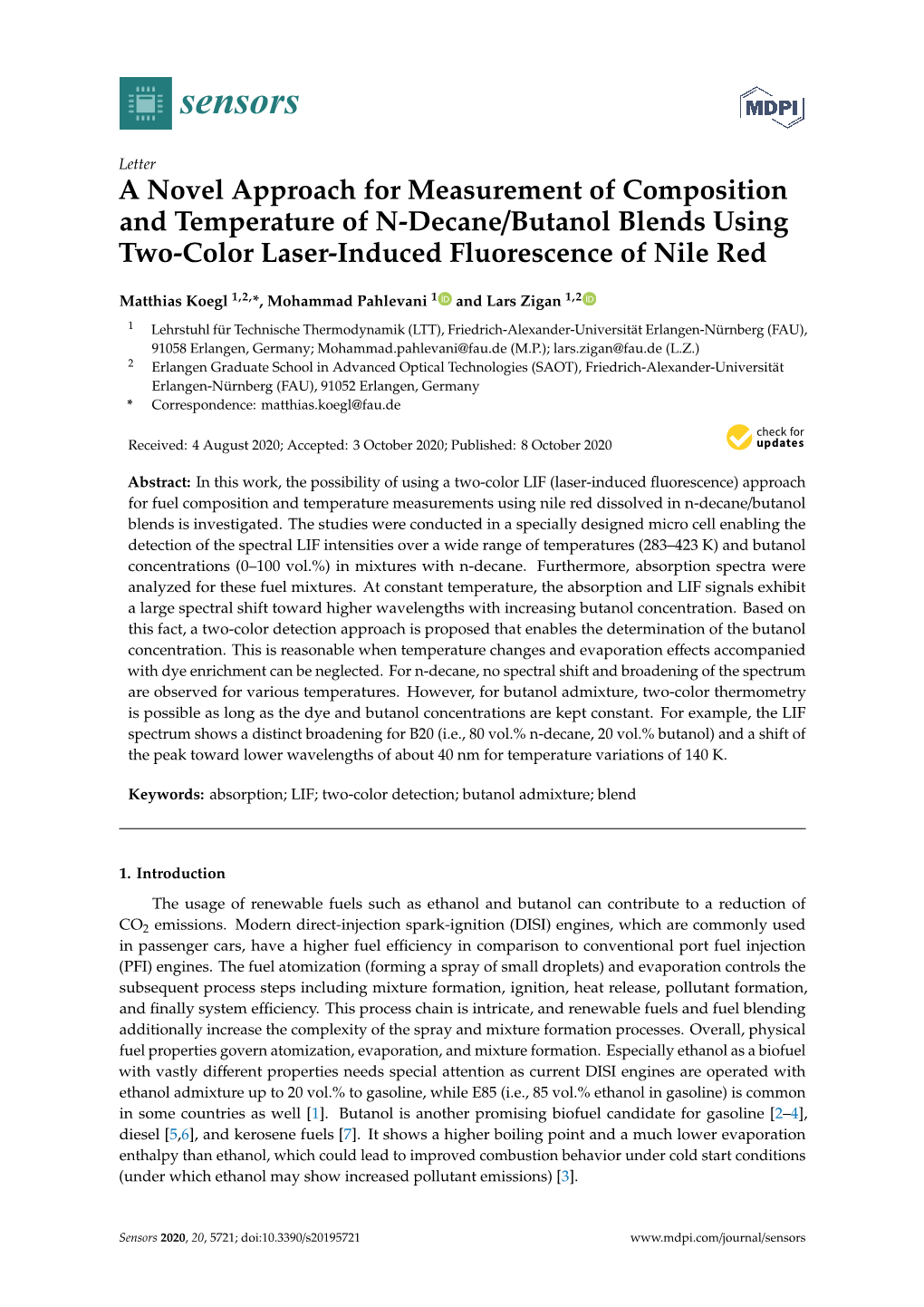 A Novel Approach for Measurement of Composition and Temperature of N-Decane/Butanol Blends Using Two-Color Laser-Induced Fluorescence of Nile Red