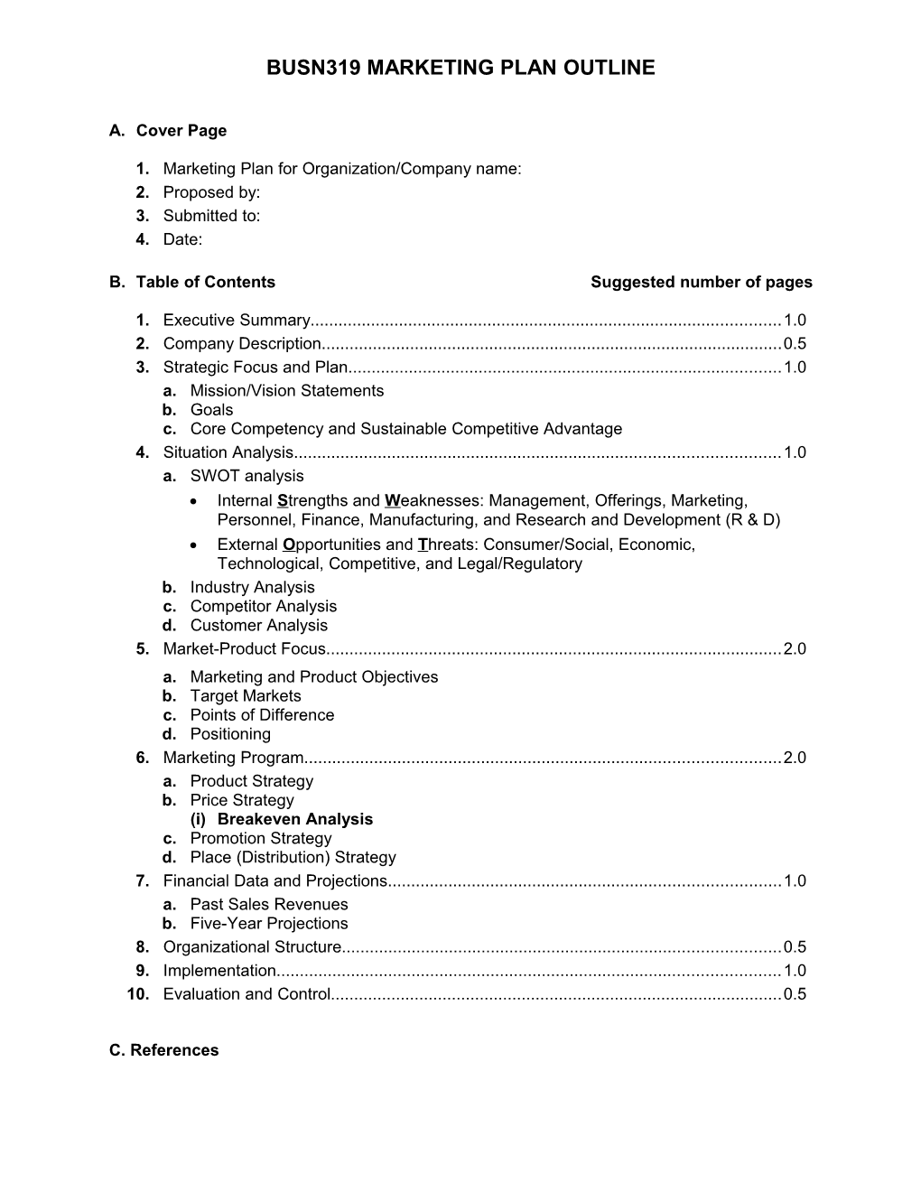 B. Table of Contents Suggested Number of Pages