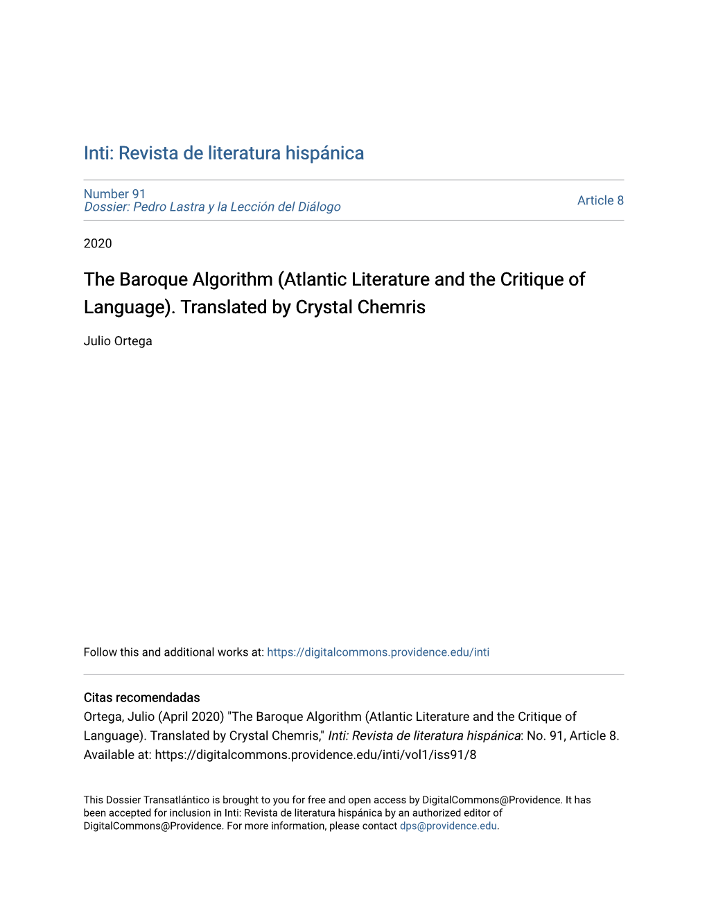 The Baroque Algorithm (Atlantic Literature and the Critique of Language)
