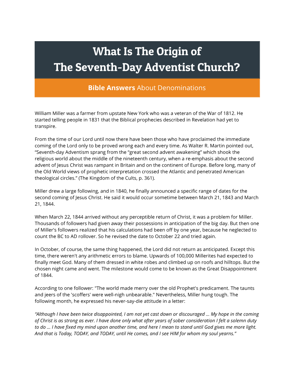 What Is the Origin of the Seventh-Day Adventist Church?
