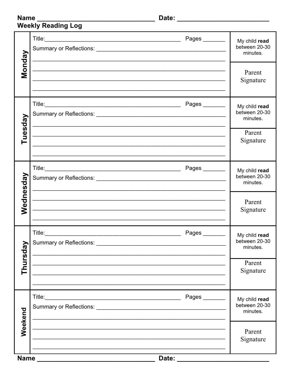 Weekly Reading Log