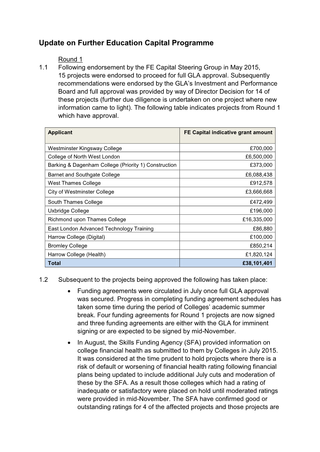 Update on Further Education Capital Programme