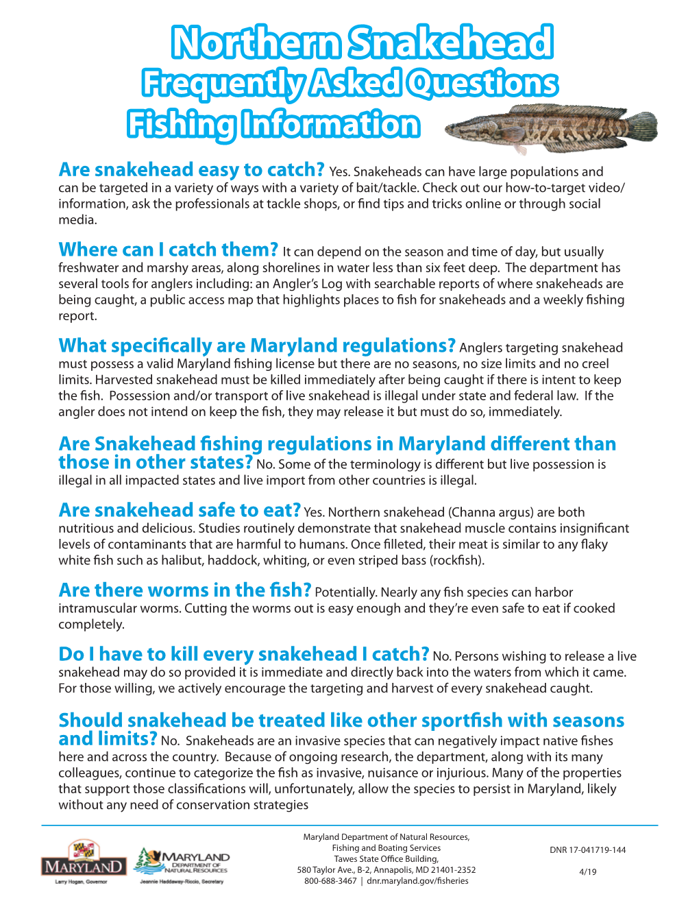 Northern Snakehead Frequently Asked Questions Fishing Information