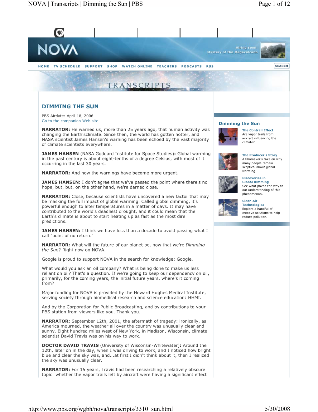 Page 1 of 12 NOVA | Transcripts | Dimming the Sun | PBS 5/30/2008